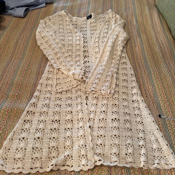 One Step Up Knitwear Chic Cream Crochet Open Front Cardigan Size Large - Picture 5 of 10